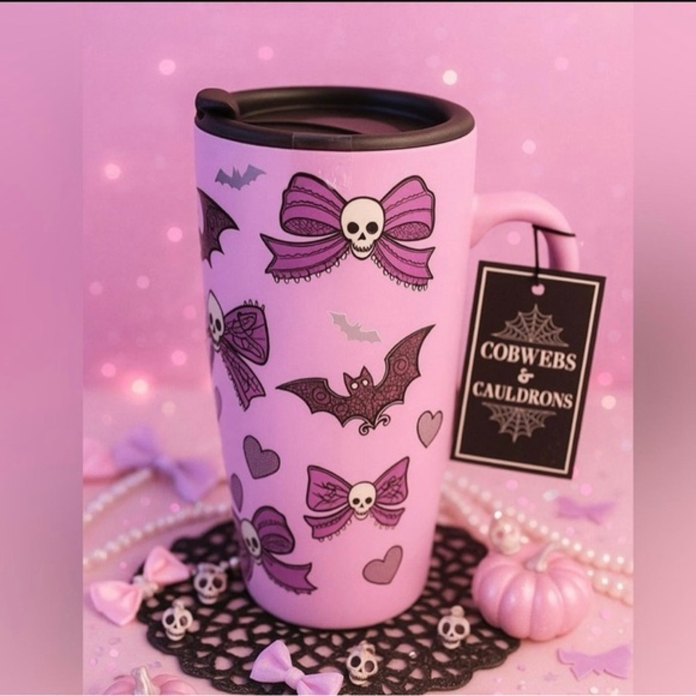Lavender Goth Bows & Bats Travel Mug + Lid Cobwebs & Cauldrons Spooky, 16 oz NWT